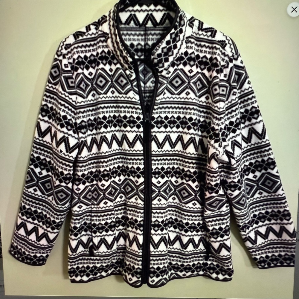 Talbots‎ Women's Black White fair isle geometric fleece zip jacket